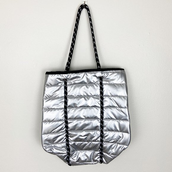 Puffer Metallic Silver Nylon Large Tote Puffy - Picture 4 of 10